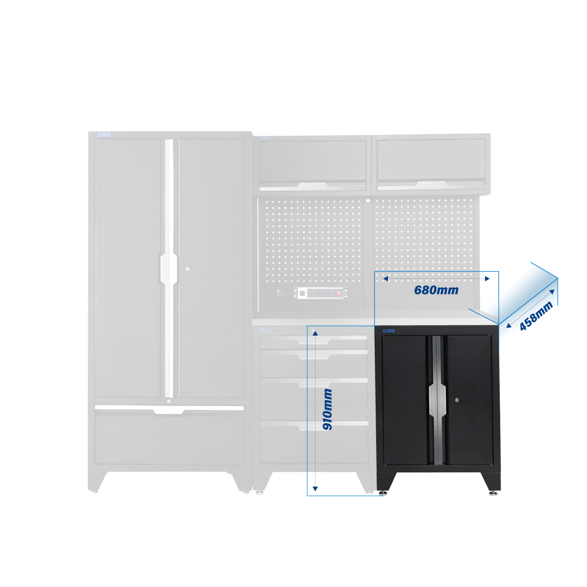 SGS 7pc Modular Garage Storage | 4 Drawers | Stainless Steel Worktop | Floor Cabinet | 2x Upper Cabinets | Tall Double Cabinet with Drawer | Pegboard with Power Strip